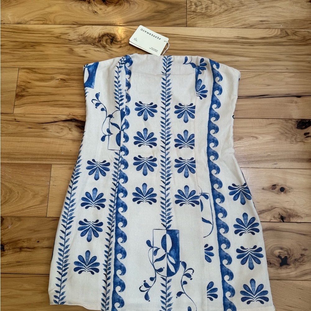 Blue & White Strapless Printed Dress